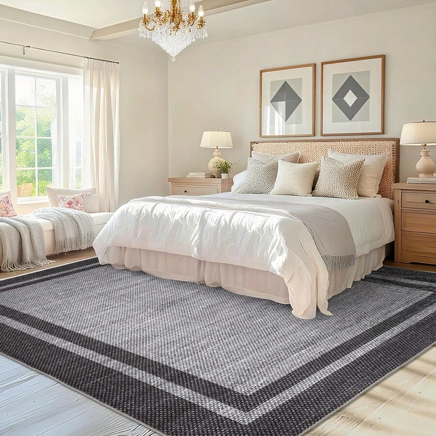 Home Decor Bordered Living Room Area Rug Soft Printed Thin Floorcover Non Slip Low Pile Entrance Runner Rug Stain Resistant Washable Mat Throw Rug Non Shedding Easy To Clean Carpet For Bedroom Dinning Room Kitchen Laundry Hallway Bathroom - Black Grey - View 1