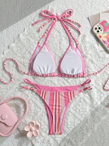 LUCKY HOLIDAY 2026 夏季新款极简撞色抽绳三角罩杯比基尼，性感泳装，适合女士、情人节、海滩派对、假日度假等场合。 - 彩色 - 查看 5