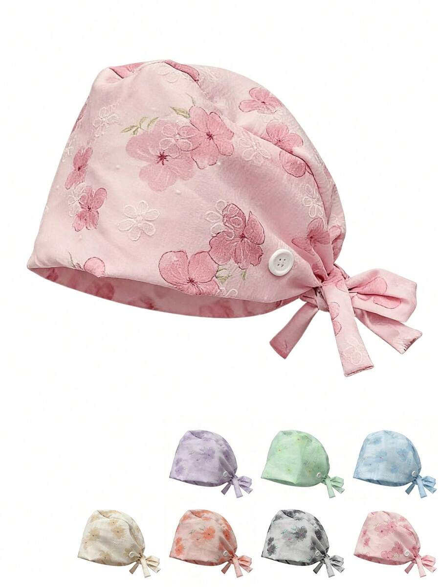 One Size Adjustable Floral Print Scrub Cap, Moisture-Wicking, Elastic Band, Suitable For Beauty Salons, Veterinary Clinics, Doctors, Nurses, Cleaning Workers - Multicolor - View 1
