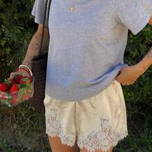 Mini Summer Lace Satin Shorts Lace Trim Casual Shorts for Women Beach Daily Wear - Champán - Ver 4