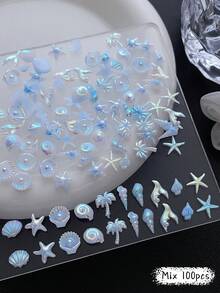 100件/包海洋风金属美甲装饰品，包括贝壳、海星、棕榈树、五角星、海豚、海螺等元素，适合海滩、音乐节、旅行和庆典DIY装饰，是美甲装饰的理想之选。 - 彩色 - 查看 9