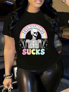 Oversized Graphic T-Shirt - Bold Skeleton "Everything Sucks" Design With Rainbow And Stars, Casual Short Sleeve Crew Neck Tee, Medium Stretch, Machine Washable, Women's Tee-X - Black - View 2