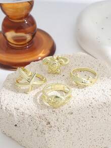 4pcs Vacation Style Starfish, Scallop Rings, Multielemental Sea Turtle, Dolphin Stacking Rings Set For Women - Gold - View 4