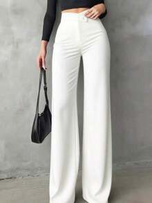 Pantalones rectos negros elegantes y casuales para mujer, pantalones de verano con cintura asimétrica en V para acentuar las curvas, adecuados para la escuela, el uso diario, el trabajo, las citas y las vacaciones de primavera - Blanco - Ver 1
