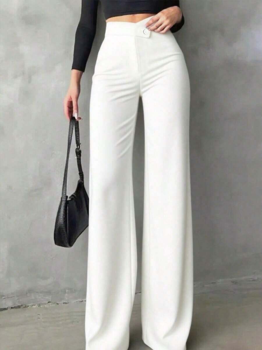 Pantalones rectos negros elegantes y casuales para mujer, pantalones de verano con cintura asimétrica en V para acentuar las curvas, adecuados para la escuela, el uso diario, el trabajo, las citas y las vacaciones de primavera - Blanco - Ver 1