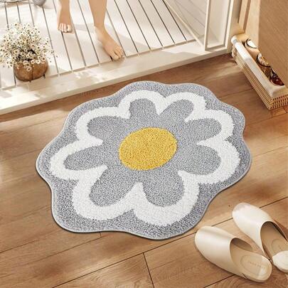 Cute Gray Flower Bath Mat, Soft Bathroom Carpet, Non-Slip Bathroom Mat, Area Decorative Floor Mat, Small Round Bathroom Rug Decor Suitable For Bathroom, Bathtub, Bedroom, Kitchen