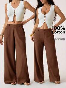 PETITE Pantalones rectos de cintura baja de 100% algodón lavado, pantalones de lino para mujer, pantalones de verano, pantalones anchos de mujer, pantalones de verano, otoño y ropa de otoño para mujer - Marrón - Ver 6