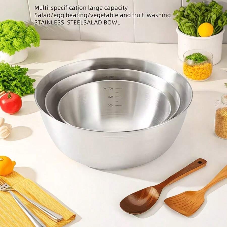 3pcs Stainless Steel Salad Bowl, Baking Mixing Bowl, Household Fruit Salad Bowl, Mixing Bowl, Whisk Bowl, Kneading Bowl, Stainless Steel Material