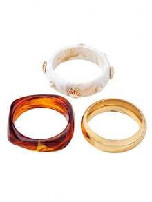 Set de 3 pendientes de aro de acrílico de moda con colgante de concha y perla incrustada, adecuado para uso diario y de fiesta de mujeres, set de pulseras apilables - Blanco - Ver 6