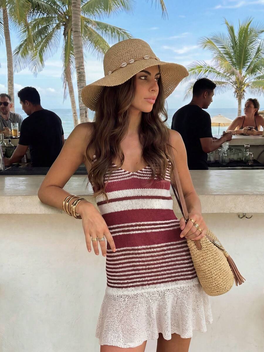 Lubi Women's Summer Colorblock Striped Hollow Ruffle Hem Spaghetti Strap V-Neck Short Knit Mini Dress, Sweet & Sexy Beach Vacation - Multicolor - View 1