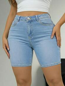 Comfortable Casual Slim Fit Mid-Waist Denim Shorts, Plus Size Design With Pockets, Distressed Wash, Suitable For Spring/Summer - Light Wash - View 8