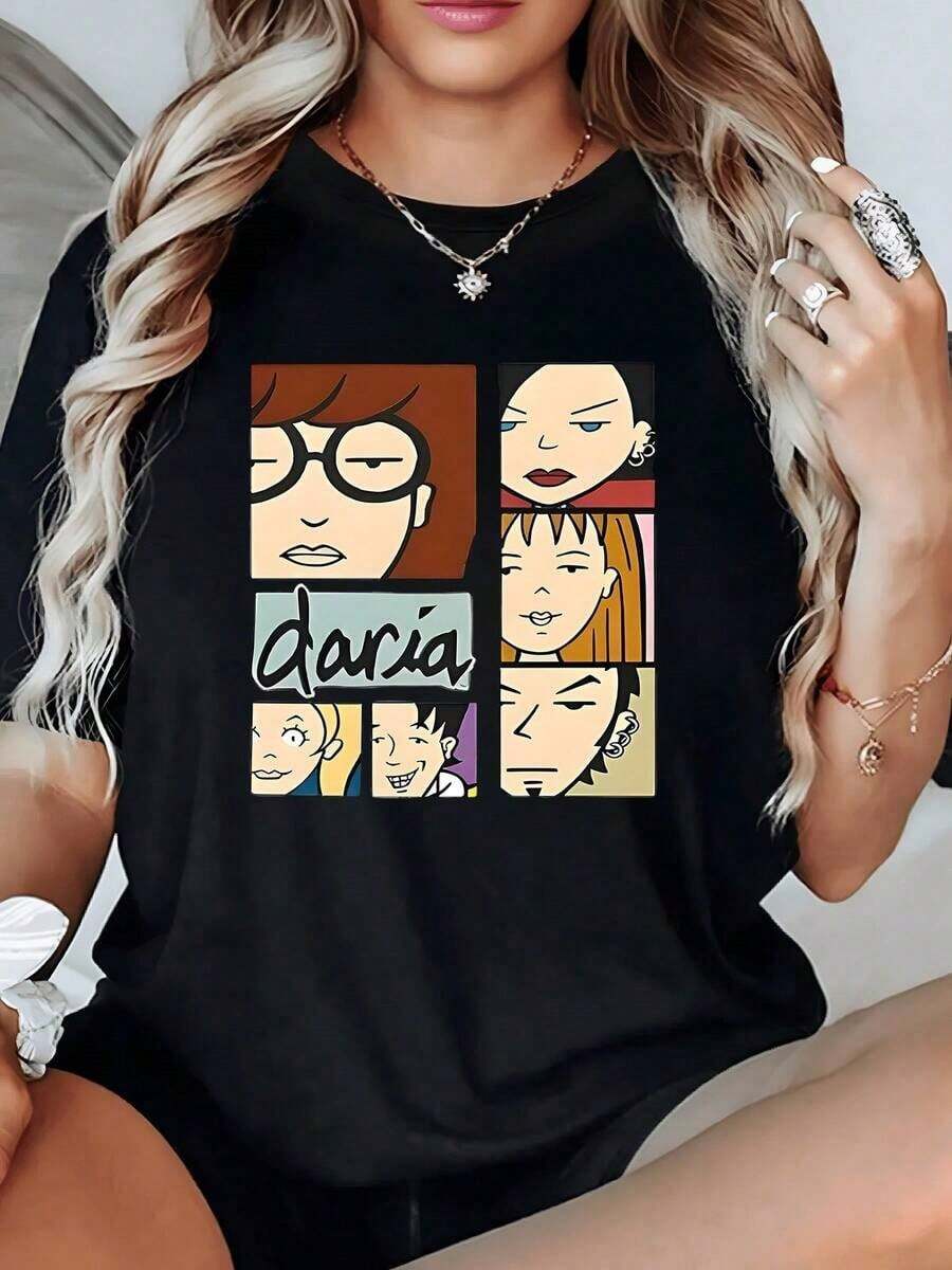 Playera de algodón suave para mujer con estampado gráfico de personaje de dibujos animados retro, 1 pieza, 100% algodón, camiseta divertida con retrato, estilo casual de cuello redondo para mujer, estilo vintage streetwear. - Negro - Ver 1
