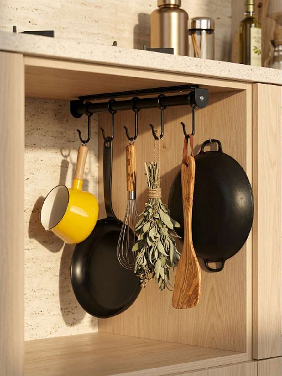 1 pieza Gancho de acero al carbono reforzado y mejorado para colgar en la cocina, con riel de guía amortiguado y deslizamiento suave sin retraso, múltiples ganchos móviles libremente con carga estable y sin caídas, ideal para almacenamiento de utensilios de cocina debajo del gabinete - Multicolor - Ver 1