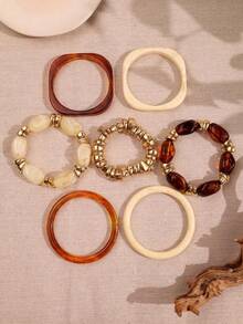 Bộ 7 vòng tay nhựa màu be và nâu nhuộm tie-dye cổ điển, vòng tay co giãn đính hạt thủ công, phù hợp cho trang sức thường ngày và dịp lễ hội của nữ giới. - Nhiều màu - Xem 10