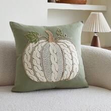 Cirelle 1pc Green Pumpkin Embroidered Decorative Pillow Cover, 17.7*17.7inch, Suitable For Indoor Decor, All Season Throw Pillow Cover, Pillow Insert Not Included - Green - View 12