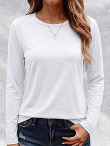 4pcs Women's Solid Color Round Neck Long Sleeve Polyester T-Shirts, Comfortable Fit, Suitable For Autumn And Spring Wear, Slightly Elastic Fabric - Multicolor - View 5