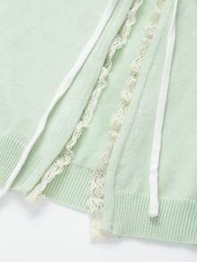 Short Sleeve Round Neck Bow Knit Cardigan With Ruffle Trim - Green - View 4