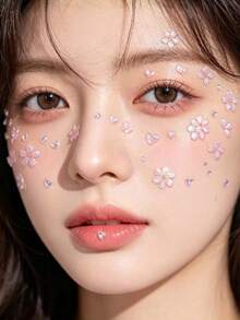 1pc Cherry Blossom Face Sticker, Paired With Ombre Pink Heart Rhinestones, Creates Spring Makeup Atmosphere, Suitable For Stage Performance Makeup,Concert Look,Face Gems - Multicolor - View 3