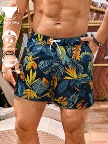 男士夏季衝浪沙灘短褲，棕櫚樹圖案可調腰圍泳褲 - 黑色 - 查看 12