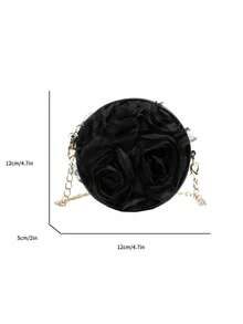 Fashionable 3D Lace Flower Round Handbag, Cute Unique Multi-Purpose Chain Shoulder/Crossbody Bag - Black - View 10