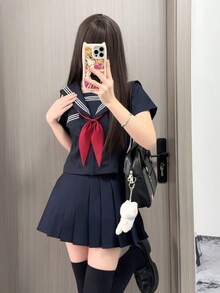 2026 年新作 オリジナル日系 JK セーラー服 三本ライン関西襟 校供感 水玉リボン付き 上下 2 点セット レディース  キュート  カジュアル  パーティー    タッセル - 紺色の長袖トップス+赤いネクタイ+紺色のスカート - チェックする 3