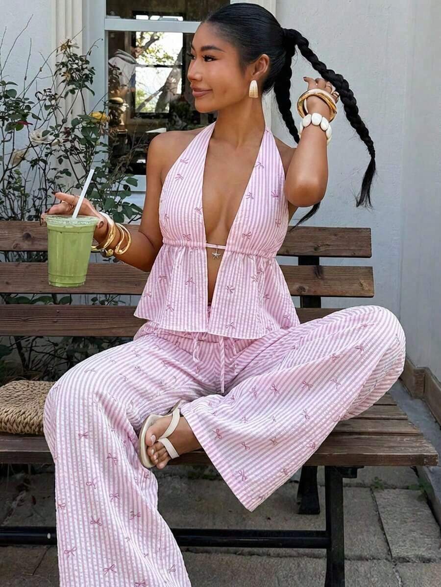 2 piezas Conjunto casual de vacaciones para mujer con top halter sin espalda y pantalones en color caqui tejido - Multicolor - Ver 1