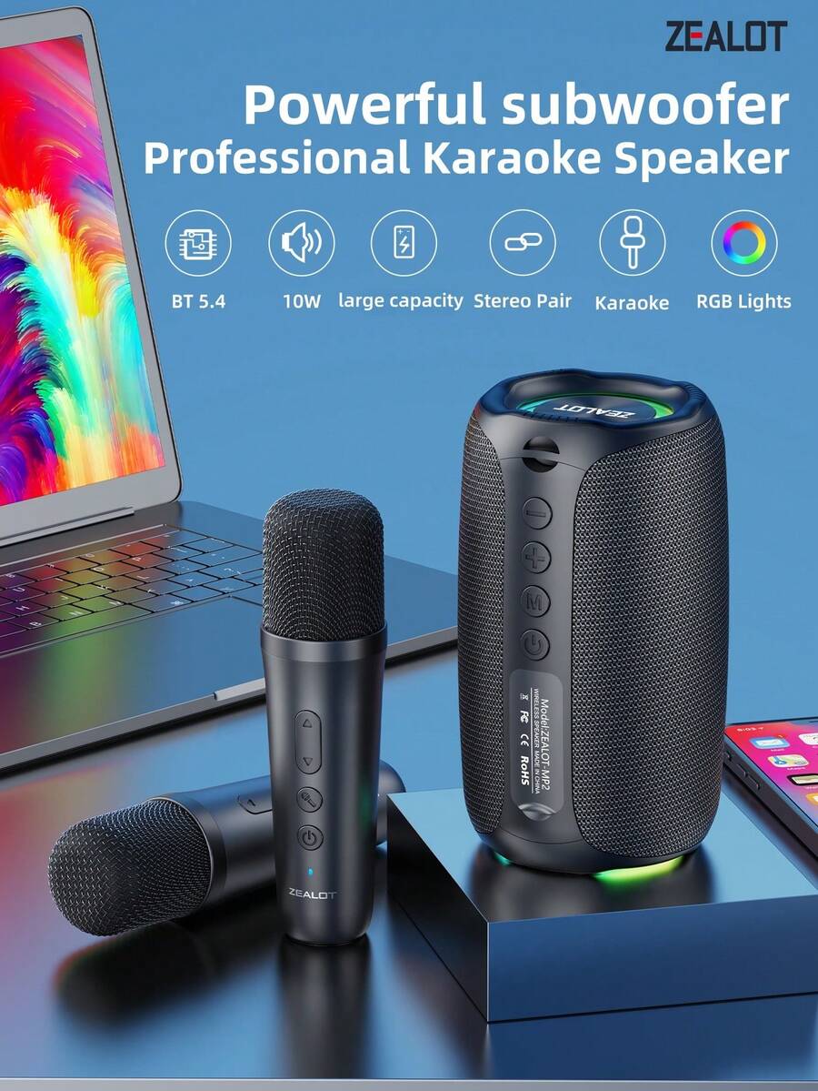 ZEALOT M2 10W Karaoke Wireless Speaker, Bluetooth Speaker,RGB Color Lights, Supports Mobile Phones/Tablets/TVs. Compatible With SD Card/USB/AUX, Serial Pairing Function, Suitable For/Car/Outdoor/Camping/Party