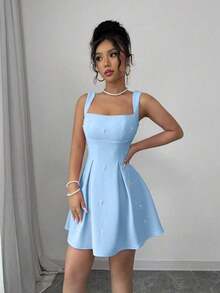 Vestido casual de mujer con parches de unicolor, tirantes anchos y cuentas - Verde - Ver 9