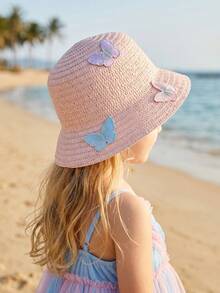 1pc Rainbow Butterfly Pink Straw Sun Hat For Little Girls, Summer Breathable Beach/Outdoor Vacation Hat, Fits Kids Ages 3-8 - 1PC - View 5