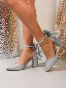 Sandalias de tacón grueso con punta puntiaguda y hueco plateadas para mujer, con gran lazo de gasa decorativo en la correa trasera, cómodas y no abrasivas, con cuña, adecuadas para boda, cita, ir al trabajo - Plateado - Ver 4