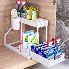 2-Tier Pull-Out Storage Rack - Made Of Durable Plastic, It Is An Ideal Choice For Kitchen And Bathroom Storage, Can Hold Bottles, Condiments And Utensils. This Black And White 2-Tier Storage Rack Features Sliding Drawers, Double-Layer Large Capacity Pull-Out Storage Drawers, Space-Saving And Convenient Access, Maximizing Storage Capacity. - White - View 12