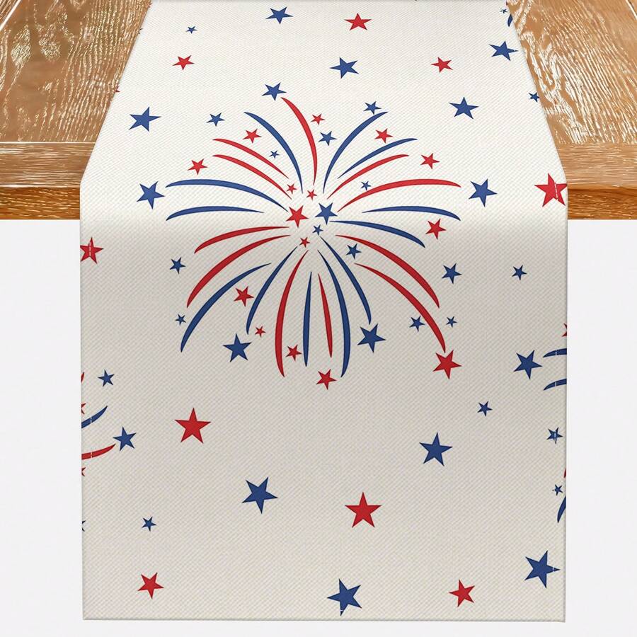 1 pieza Camino de mesa con estampado de fuegos artificiales y estrellas patrióticos, mantel rectangular rojo, blanco y azul para el 4 de julio, decoración de cocina y comedor para el Día de la Independencia - Multicolor - Ver 1