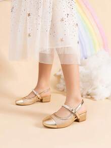 Girls Dress Shoes Slingback Heels Round Toe Pump For Little Big Kids Flower Party Wedding Princess - 金色 - 查看 3