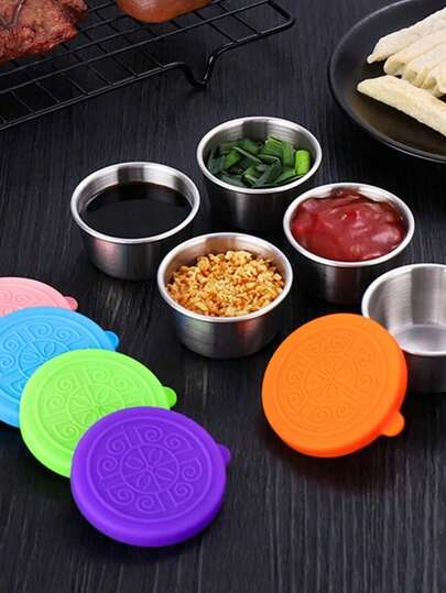5pcs Stainless Steel Sealed Dipping Sauce Cups, Portable With Lid For Outdoor Tomato Salad Dressing
