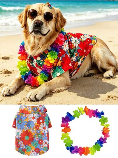 1 bộ áo cho chó kiểu Hawaii nhiệt đới kèm vòng hoa, được làm từ vải mềm thoáng khí với họa tiết Hawaii thời trang, phù hợp cho chó nhỏ, vừa và lớn, tuyệt vời cho kỳ nghỉ, hoạt động ngoài trời, mặc hàng ngày, các dịp lễ và tiệc tùng cho thú cưng, quần áo cho chó, phụ kiện cho chó, áo cho cún con, trang phục mùa hè, mang lại niềm vui cho chú chó của bạn.