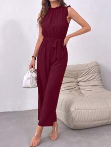 Women's Jumpsuit Summer Sleeveless Pleated Mock Neck Belt Pockets Wide Leg Pants Jumpsuit - Burgundy - View 4