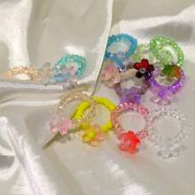 12pcs/Set Bohemian Style Artificial Crystal Beaded Rings, Glass Flower Elastic Stackable Fashion Party Jewelry Gift - 1 - View 13