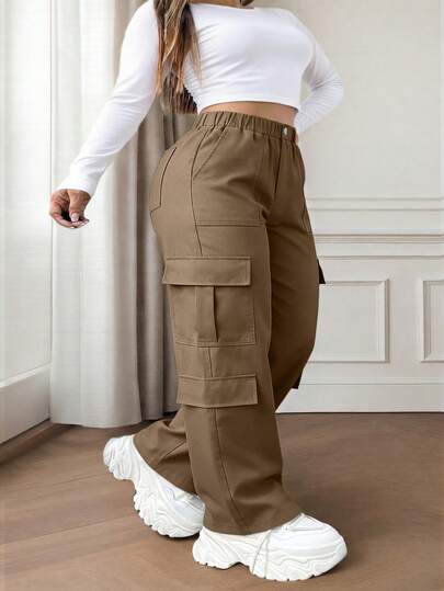 Brown Button Pocket Elegant Casual Commute Minimalist Cute Y2K Loose Straight Leg Non-Stretch Lightweight Plus Size Cargo Pants, Suitable For Teacher's Day, Graduation, Outing, Vacation, Club, Office, Gym, Beach, Back To School, Birthday Party, Travel, Country Music Festival, Airport, Spring, Summer, Autumn, Winter