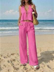 2 piezas Conjunto casual de vacaciones para mujer con top halter sin espalda y pantalones en color caqui tejido - Rosa Fucsia - Ver 6