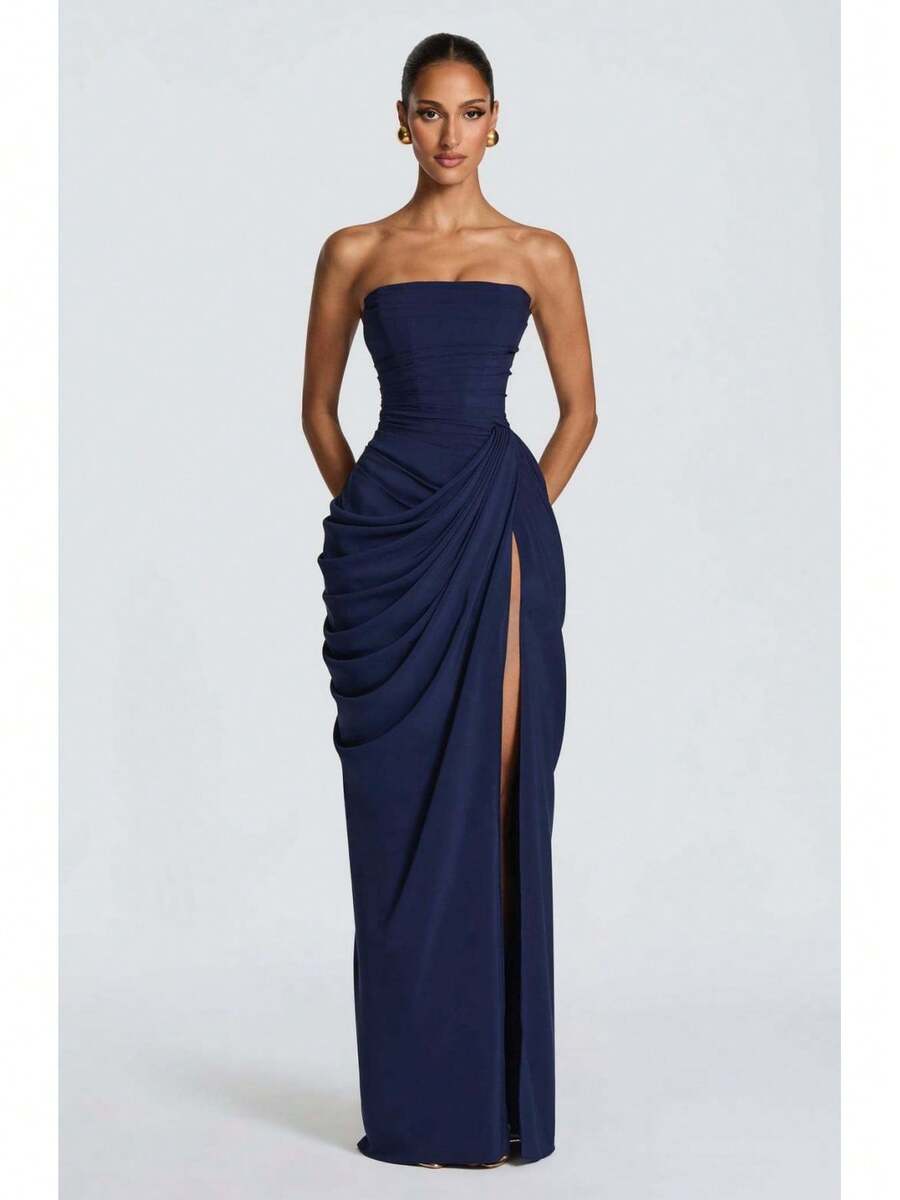 2026 New Asymmetrical Pleated High Slit French Romantic Strapless Dress Sexy Elegant Evening Party Dress - Màu xanh đậm - Xem 1