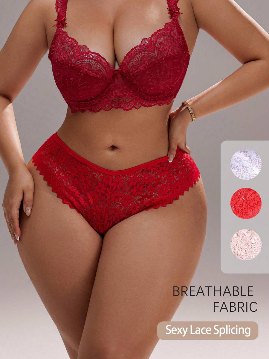 3pcs/Set Plus Size Women Seamless V-Shape Waist Sexy Lace Patchwork Panties Set, Soft Breathable Comfortable, Suitable For Daily Wear, Sports, Yoga And Other Occasions