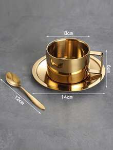 304 Stainless Steel Double-Wall Coffee Cup Set, Insulated Latte Cup And Saucer Set, European Minimalist Ins Style Water Cup - Gold - View 9