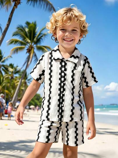 4-7 Years Old Boys' Summer Short Sleeve Shirt And Shorts 2-Piece Set, Black & White Striped Textured Fabric, Soft & Skin-Friendly, Casual Style Daily Wear