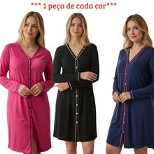 Set Of 3 Surgical American-Style Nursing Pajamas With Buttons In Knit Fabric, Assorted Colors, Blogger Style - 3 Long-sleeved T-shirts - View 2