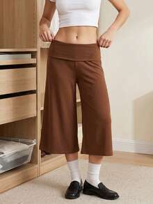 Pantalones capri de cintura alta para mujer, modernos, informales, de color liso, de tiro bajo y pierna ancha - Marrón oscuro - Ver 2