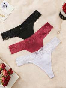 3pcs Lace Floral Pattern Sexy Thong Panties - Multicolor - View 5