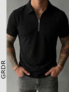 GRDR Men's Summer Half Zip Polo Collar Short Sleeve T-Shirt, Suitable For Outdoor Casual Wear - Black - View 4