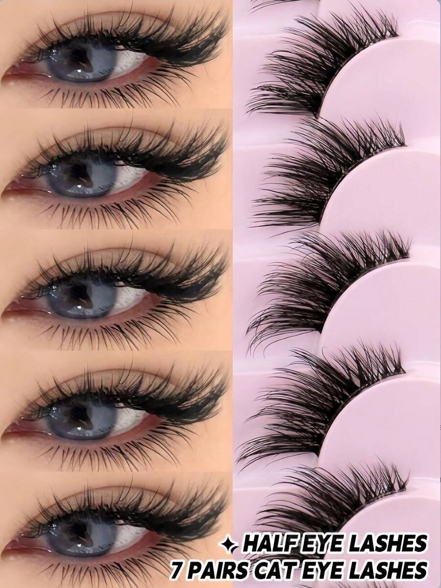 10 Pairs Transparent Band Cat Eye Style Short Soft 3D Faux Mink False Eyelashes, Natural Look Fake Eyelash Strips - Black - View 1