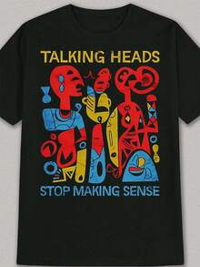 T-shirt estiva casual da uomo con stampa - Caratterizzata da una vivace stampa con la scritta "Talking Heads Stop Making Sense", nera con arte astratta gialla e rossa, realizzata in tessuto leggero, vestibilità regolare, lavabile in lavatrice, ideale per l'uso quotidiano, design artistico, comoda da indossare. - nero - Visualizzare 1