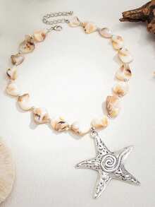 1 pieza Collar de clavícula con concha estilo bohemio, collar con colgante de estrella de mar de metal con tema oceánico, adecuado para vacaciones en la playa, regalo para amigos - Multicolor - Ver 3